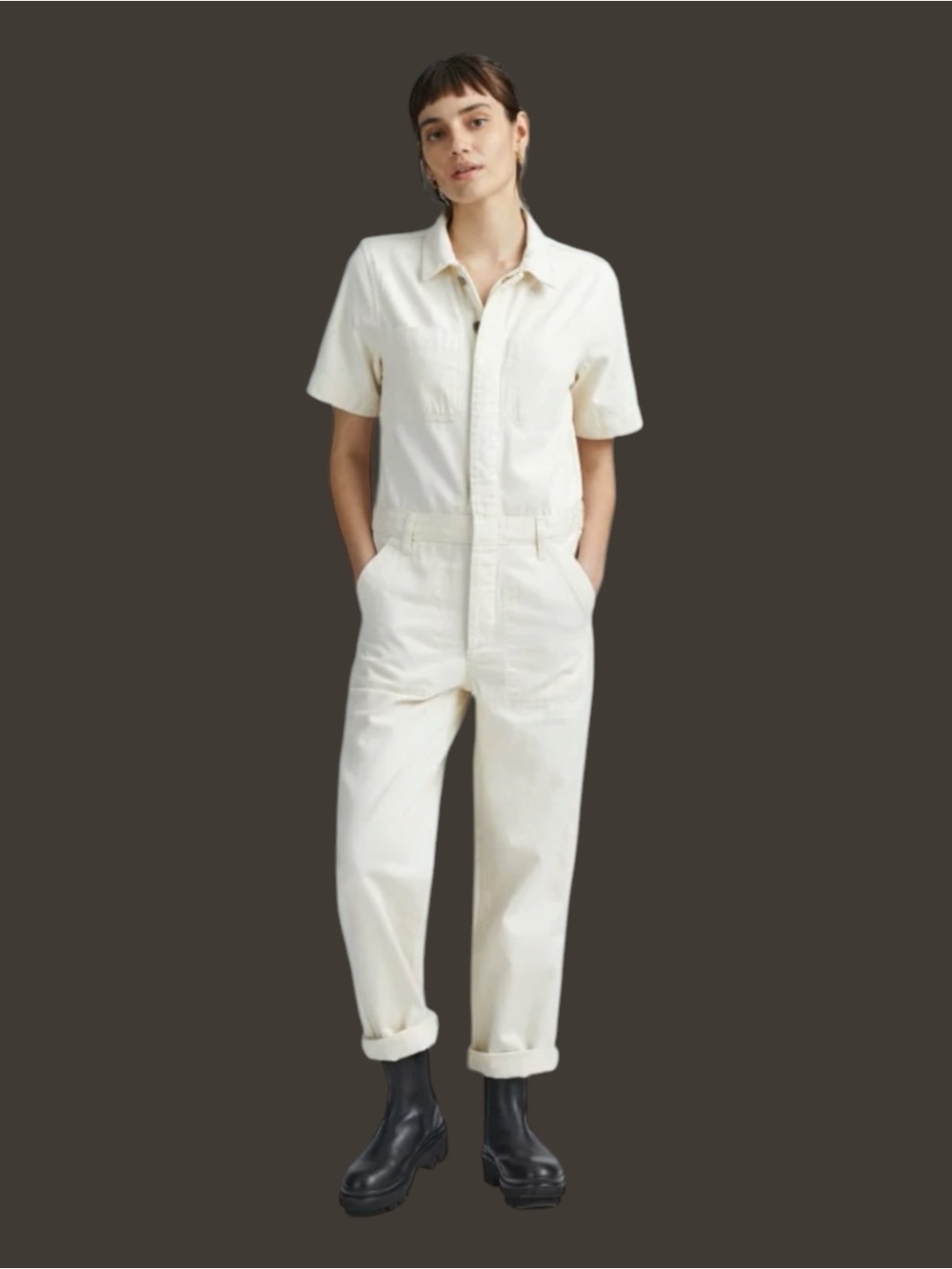 Everlane Women’s Size 6 Cream Colored Short Sleeve Denim Overall Jumpsuit Casual